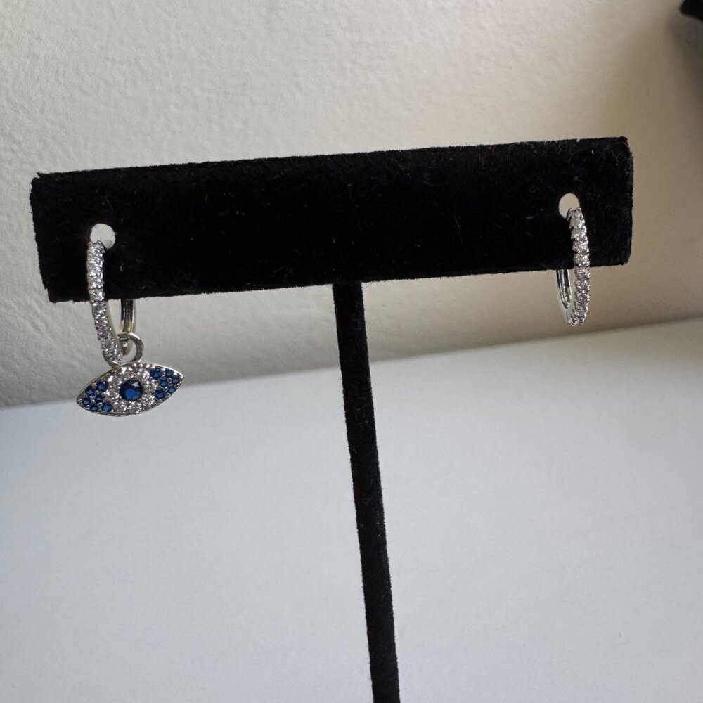 925 Sterling Silver Evil Eye Hoop Earrings – Blue & White Cubic Zirconia - Picture 2 of 8